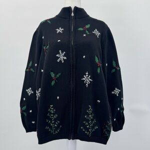 Holiday Black Zip-Up Christmas Sweater with Snowflakes and Holly Design, Holiday